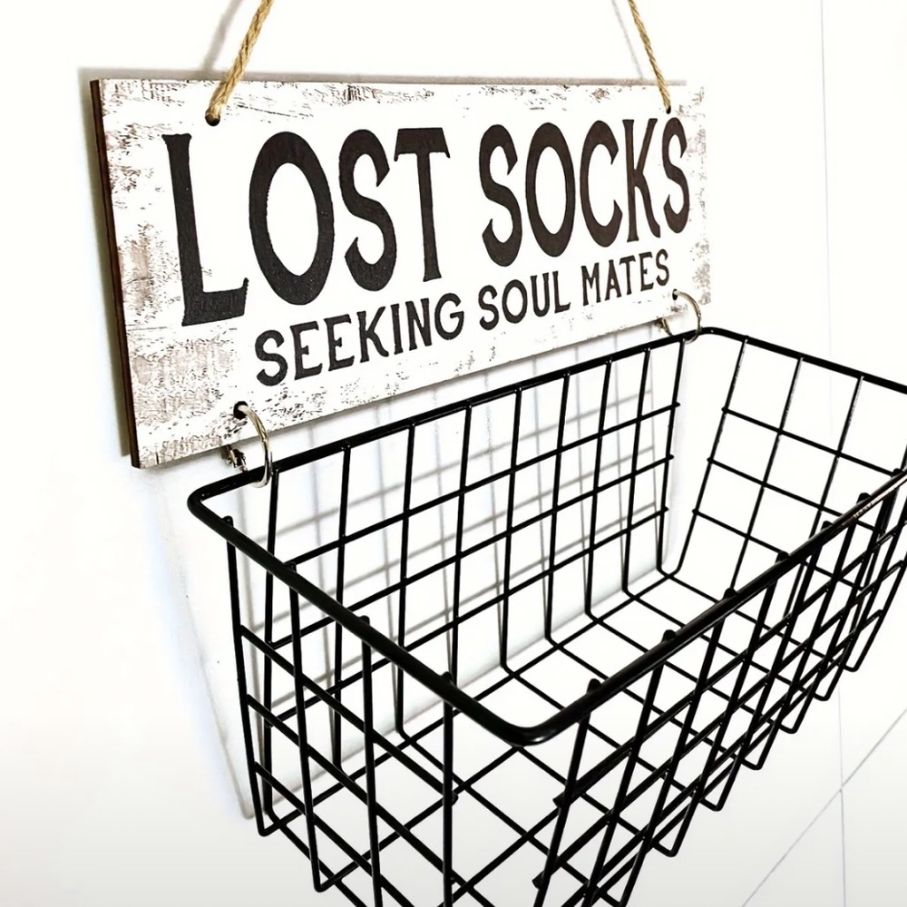 Black Wire ‘Lost Socks’ Basket with Sign